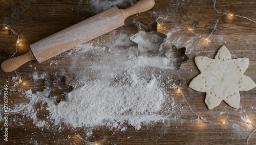Baking Festive Cookies With Flour, Rolling Pin, and Holiday-Themed Decoration...
