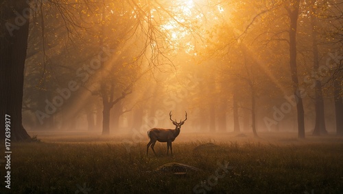 Majestic Deer Stands in a Misty Forest as Sunlight Breaks Through Tall Trees ...
