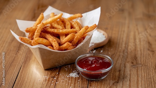 Crispy Golden Fries Served With Ketchup on a Wooden Table at a Cozy Restauran...