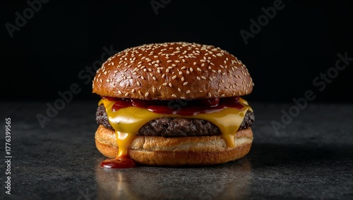 Juicy Sesame Seed Burger With Cheese and Ketchup on a Dark Background