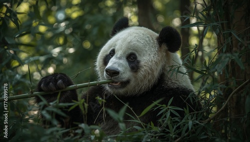 Panda Eating Bamboo in a Lush Green Habitat During a Sunny Afternoon