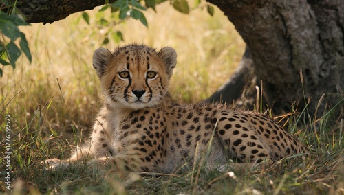 Cheetah Cub Resting Under a Tree in the Warm Sunlight on a Grassy Plain