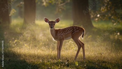 Young Deer Stands Gracefully in a Misty Forest During Early Morning Light