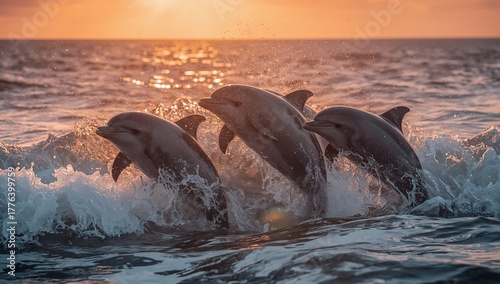 Dolphins Leaping Through Ocean Waves at Sunset in a Lively Display of Agility...