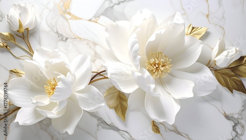 Elegant white flowers with golden accents on a marble background, creating a luxurious and serene atmosphere