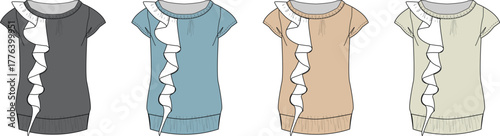 Vector illustration set of women's fashion tops with a side ruffle detail. Technical flat drawing template for apparel design and clothing production in four colorways