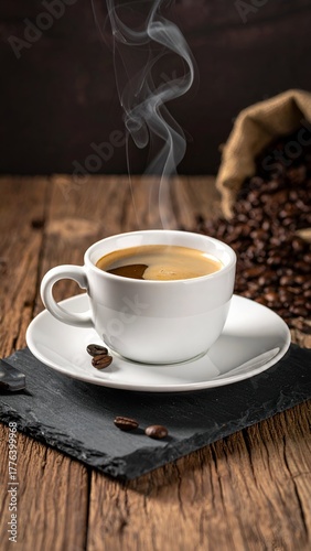 A steaming cup of coffee sits on a slate plate, surrounded by scattered coffee beans on a rustic wooden table