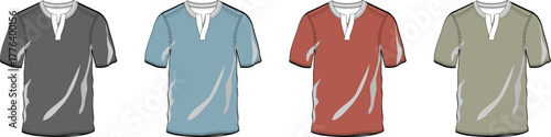 Collection of four different colored casual shirts displayed in a row