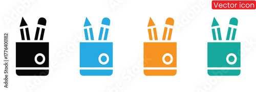 Dynamic pencil holder icons in various colors, ideal for educational, design, and business visuals. These versatile icons add a modern touch to projects, creating a visually appealing and organized la
