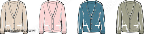 Four different styled cardigan sweaters with varying colors and detailed designs