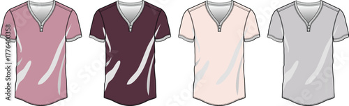 Set of men's short sleeve Henley t-shirt fashion flat sketches. Technical drawing vector template concept for apparel design in multiple colors