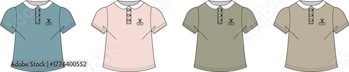 Collection of four polo shirts with short sleeves in different colors and embroidered emblems