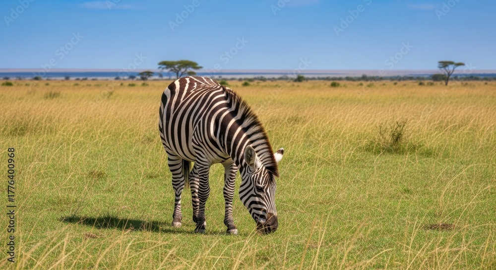 Naklejka premium Vibrant Striped Zebra Grazing Peacefully in Sun-Drenched African Savanna Under Clear Blue Sky.