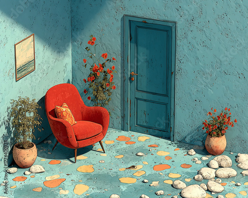 Cozy Mid-Century Modern Reading Nook with Red Accent Chair and Vibrant Floral Accents