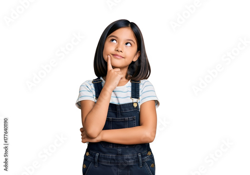 Adorable thoughtful young girl looking up, deep in thought with finger on chin, wearing denim overalls and a striped t-shirt, isolated on transparent background.