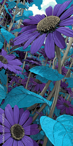 Vibrant purple blossoms with captivating teal foliage creating an otherworldly botanical tapestry, blooming in an imagined garden under a soft, diffused sky