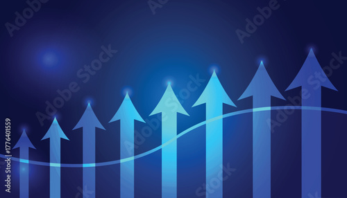 Blue digital technology background with glowing upward trending arrows and scattered lights