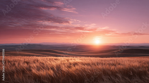Golden wheat field at sunset. Tranquil rural scene with rolling hills and vibrant sky. Evokes peace, hope, and new beginnings. Ideal for travel, agriculture.