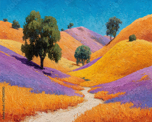 Impressionistic landscape painting of a colorful valley with rolling hills blanketed in brilliant orange and purple flowers