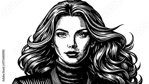 Very beautiful sketch engraving vector illustration of a glamorous woman with wavy hair and sweater, expressing confidence, beauty, and fashionable elegance in black and white scratchboard style.