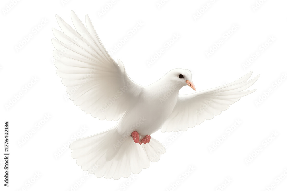 Fototapeta premium White dove bird flying, wings spread, representing peace, purity, freedom, hope, and the holy spirit, on a transparent background