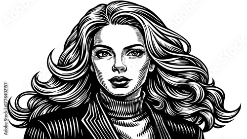 Very beautiful sketch engraving vector illustration of a glamorous woman with wavy hair and sweater, expressing confidence, beauty, and fashionable elegance in black and white scratchboard style.