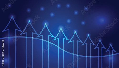 Blue digital technology background with glowing upward trending arrows and scattered lights