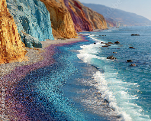 Colorful Coastal Paradise A Scenic View of the Ocean, Beach, and Cliffs Under the Sunlight