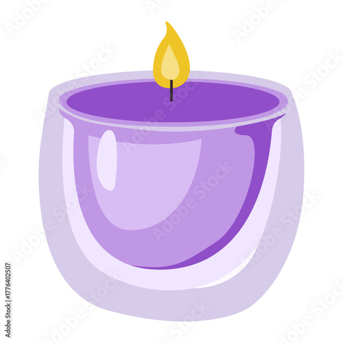 Lavender and purple aromatherapy candle in a glass container with a warm flame. Illustration for invitations to retreats, meditations, art therapy, spa salons