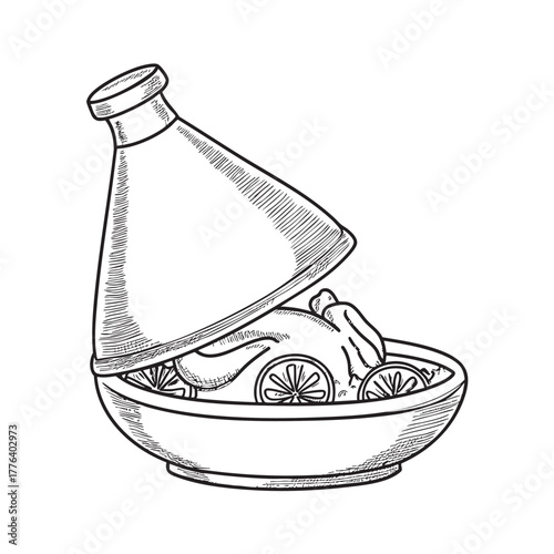 Tagine pot with a conical lid filled with chicken and sliced preserved lemons