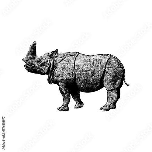illustration of an Embolotherium, a prehistoric mammal resembling a rhinoceros with a distinctive horn-like crest on its head. 