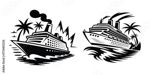Black and White Cruise Ship Tropical Island Vacation Vector Illustration