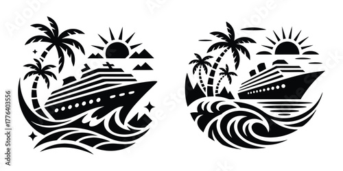 Retro Cruise Ship Tropical Travel Vector Badge Illustration Set