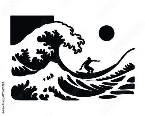 Surfer Riding Big Ocean Wave Black Silhouette Illustration