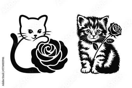 Black and White Cute Kitten with Rose Flower Vector Illustration