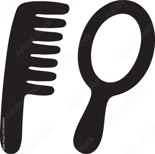 Hair Comb and Hand Mirror Line Art Vector Icon Set