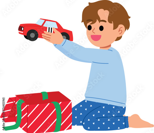 Happy Boy with Pajamas Open Christmas Box, Smile Boy Got Cool Red Toy Car for Christmas, Young Boy Surprise When She Got Festive Present illustration