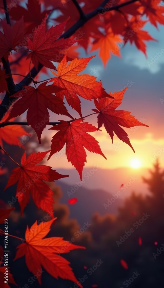 Obraz premium Crimson, gold leaves dance against a twilight sky , motion, november