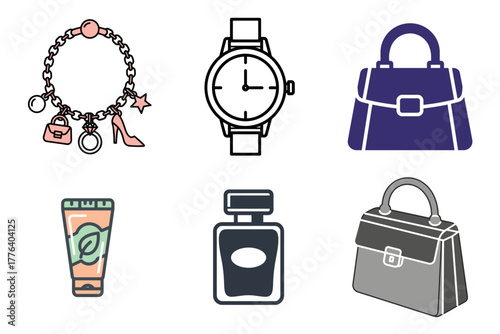 Beauty Salon, Hair Care, Nail Services, and Spa Massage Vector Icons Set. Hairdressing scissors, comb, massage, nail file, dye bowl, and back massage symbols.