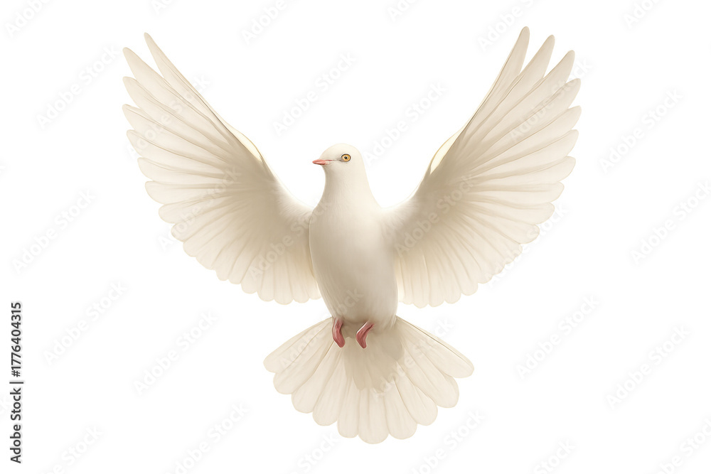 Obraz premium White dove flying with wings spread, a symbol of peace, hope, freedom, and spirituality on transparent background