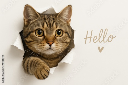 Curious Orange Tabby Cat Emerging from Torn White Paper Background