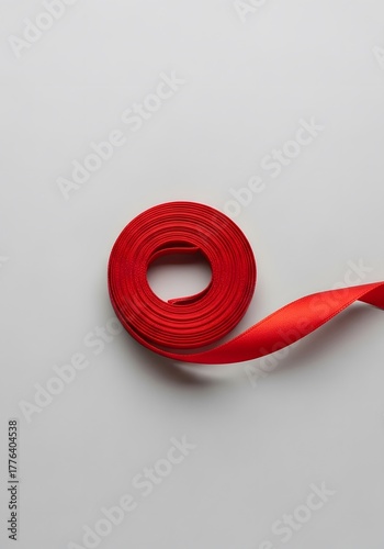 Red ribbon coil, ideal for gift wrapping, crafts, or festive designs. Evokes feelings of elegance, celebration, and giving. 