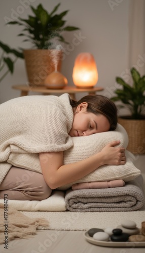 Woman Resting Peacefully in Cozy Bedroom with Plants and Candles