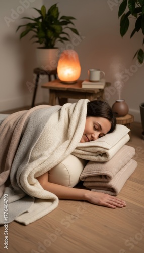 Peaceful Woman Sleeping in Cozy Bed with Ambient Candle Lighting