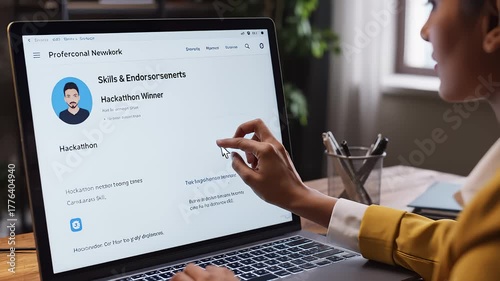 Woman Types and Clicks Add Skill on Laptop for Professional Network