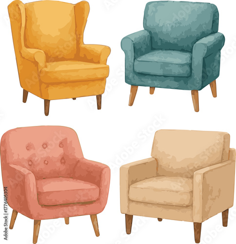 Collection of vector watercolor painted armchairs