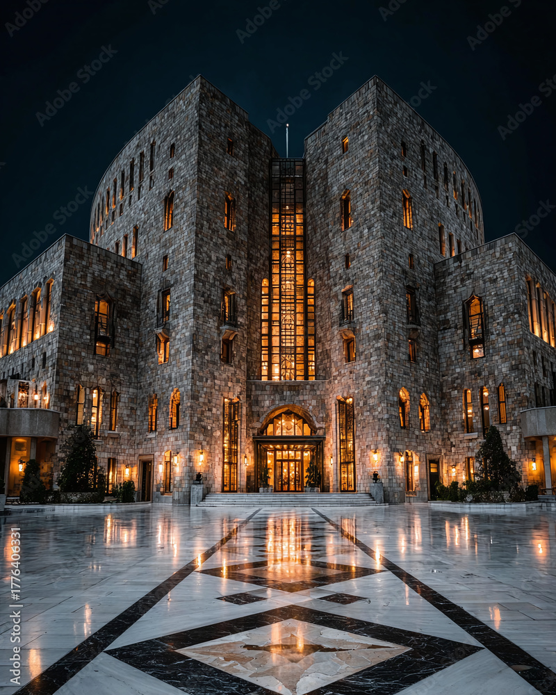 Fototapeta premium Architectural Marvel Captivating Night View of a Grand Stone Building with Illuminated Entrance, Exterior Design