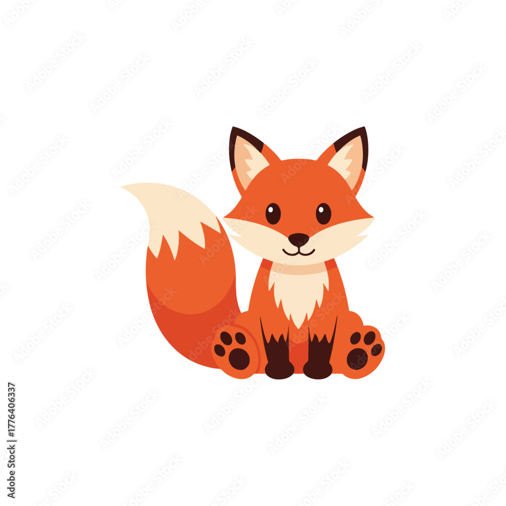 Obraz premium Cute cartoon fox illustration, adorable baby animal character, friendly mammal graphic, orange white pet, simple vector art
