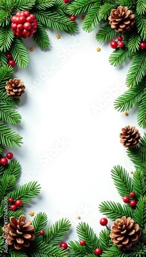 Festive evergreen border, pine cones & wreath , green, branches