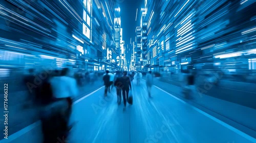 Blurred motion of people walking through illuminated city street at night surrounded by glowing skyscrapers and blue neon lights